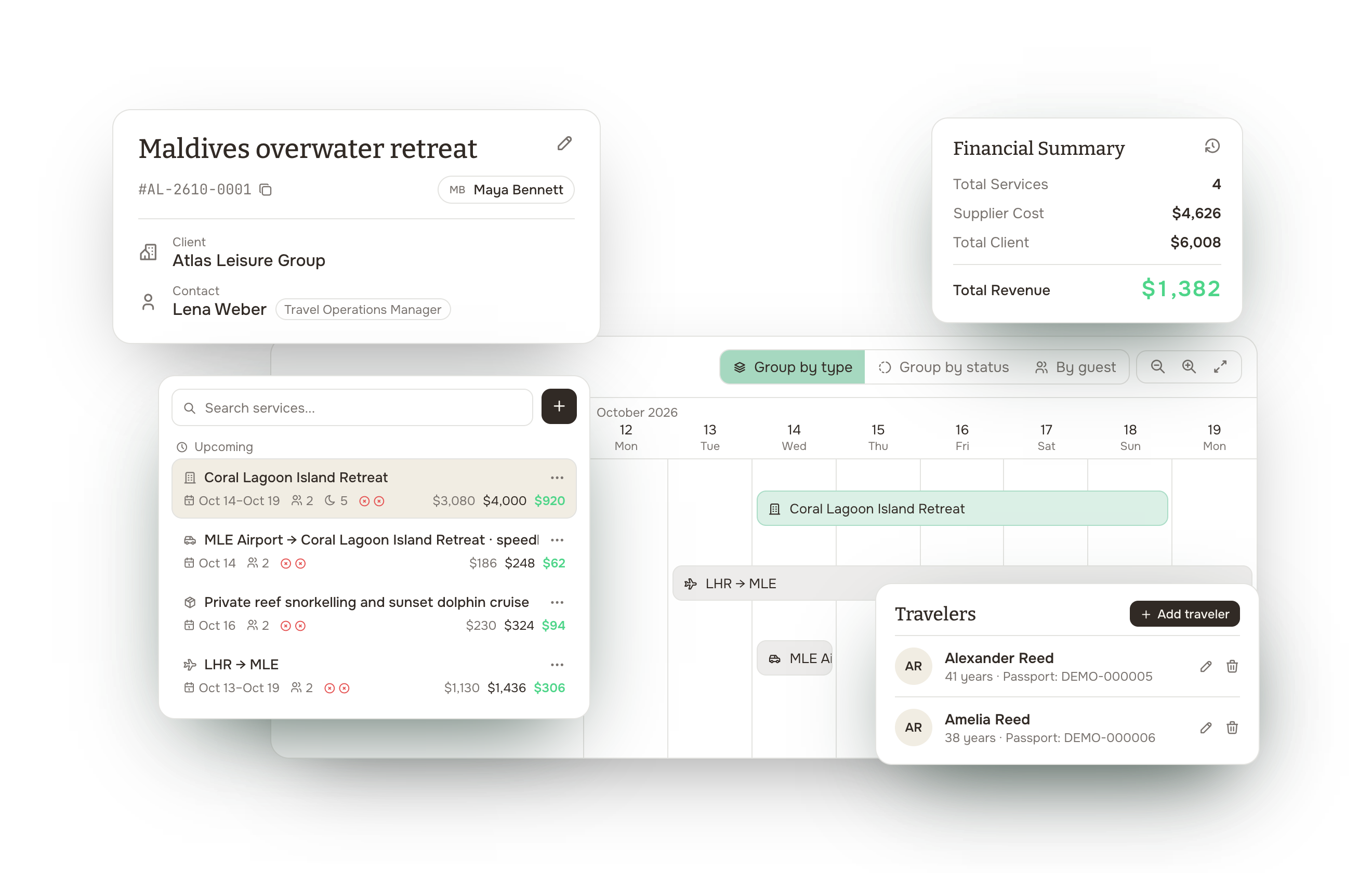 Connected trip with services, timeline, guests, and financial summary