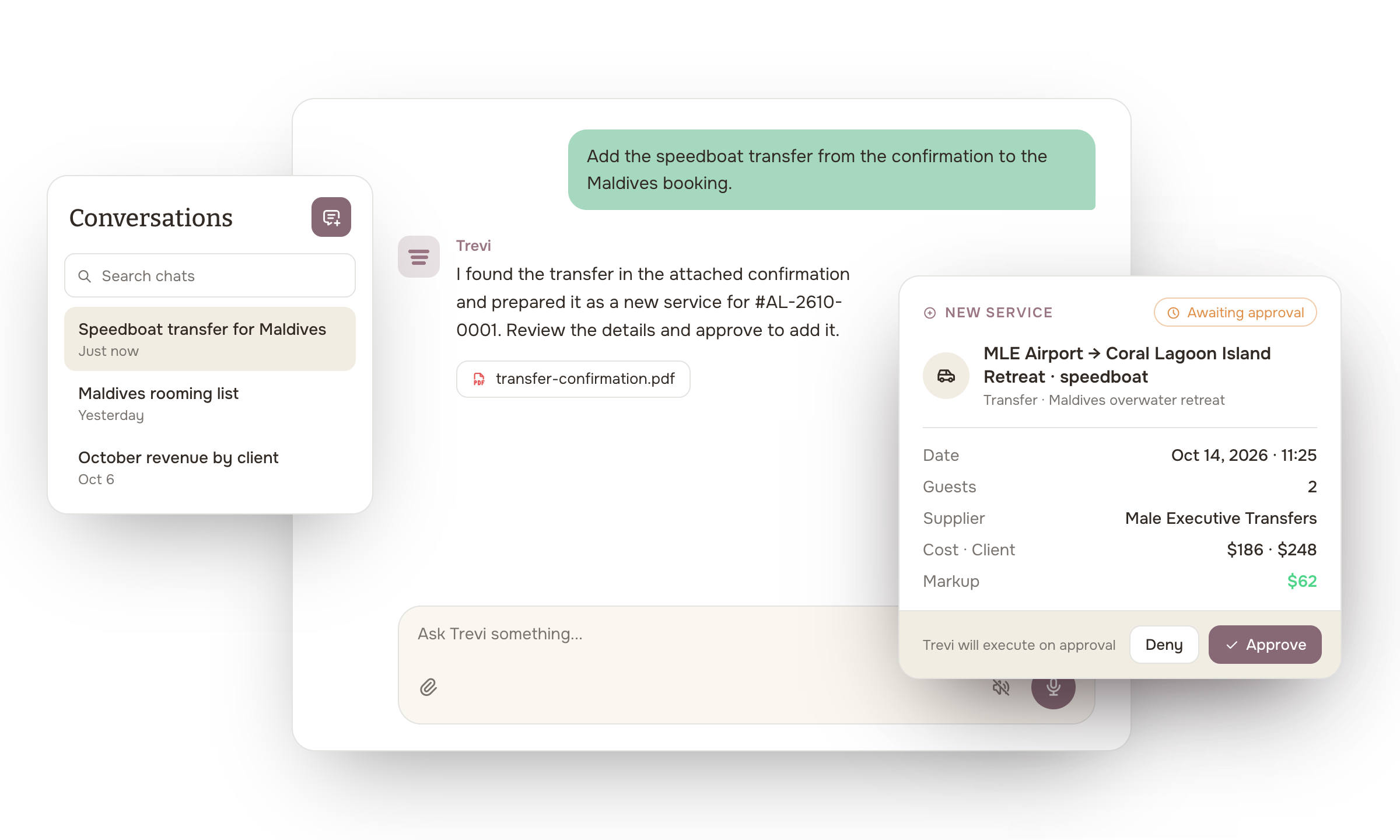 Trevi AI assistant workspace for travel operations